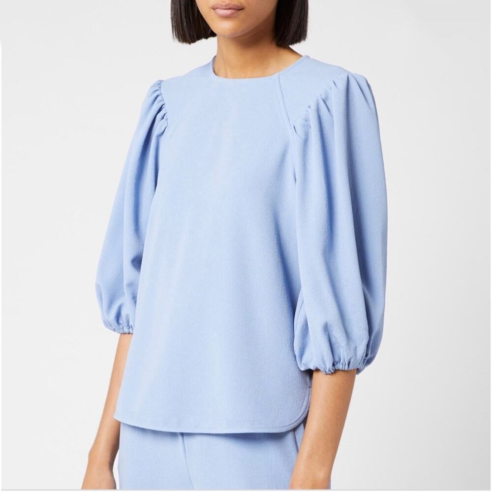 Ganni Crepe Balloon Sleeve Top in Forever Blue, Size 10
